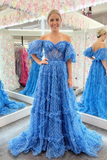 A-Line Corset Long Tulle Floral Blue evening gowns Prom Dress with Ruffles