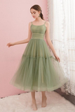 Simple Tulle Round Neck Sage Green Graduation Homecoming Dresses