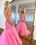 Mermaid Cute Sweetheart Hot Pink Tulle Prom Dresses with Lace