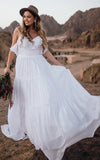 A Line Chiffon Spaghetti Sleeveless Wedding Dress with Ruffles and Open Back