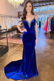 Mermaid Cute Off the Shoulder Royal Blue Velvet Prom Dresses with Beaded