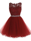 A-line Round Neck Short Burgundy Lace Prom Dress Homecoming Dress