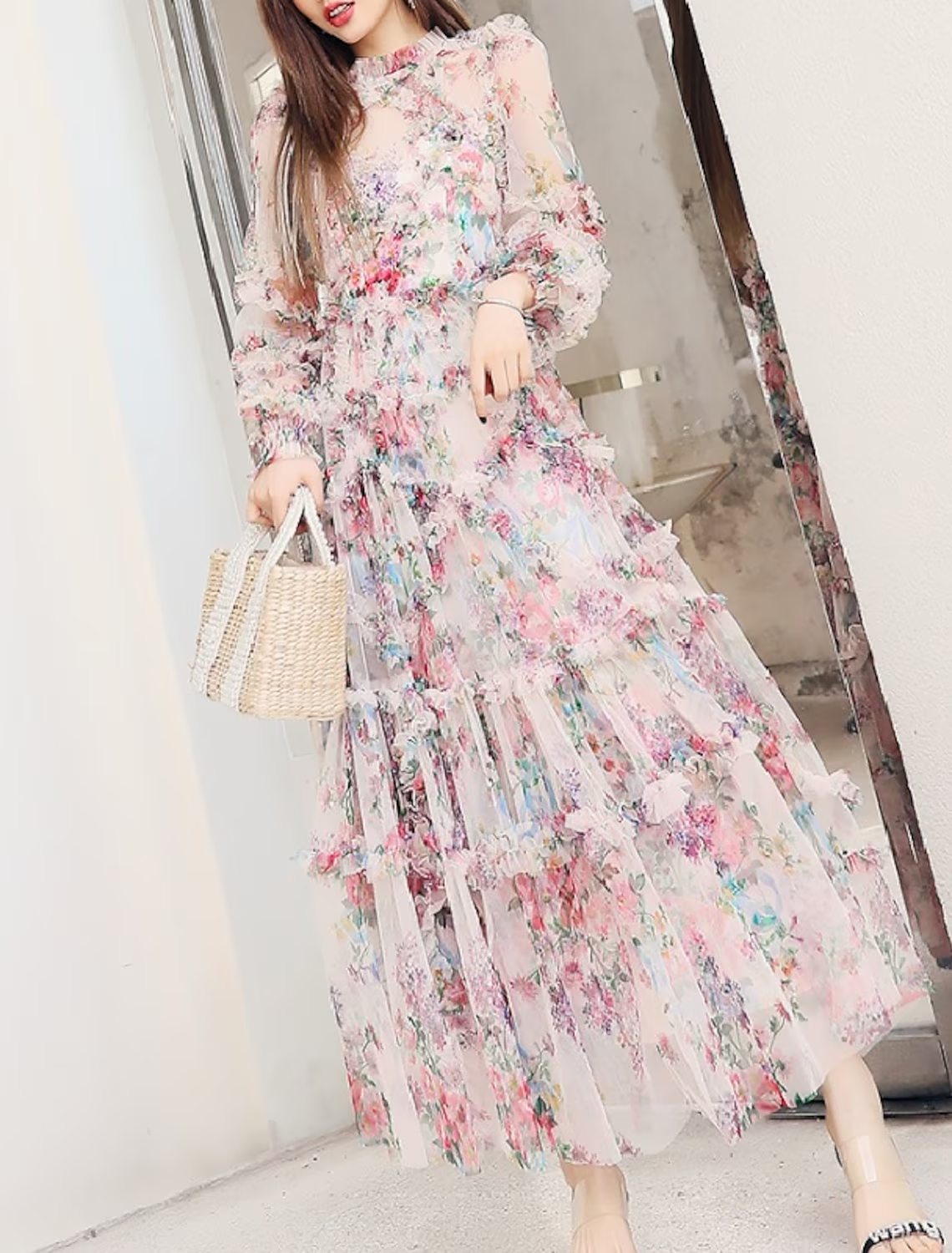 A-Line Prom Dresses Floral Dress Wedding Guest Ankle Length Long Sleeve Jewel Neck Polyester with Ruffles Pattern / Print