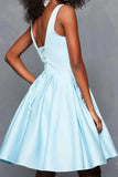 A Line V Neck Satin Beaded Homecoming Dresses with Pockets