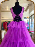 A Line Ruffles Tulle Long Prom Dress