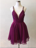 A-line Spaghetti Strap V Neck Purple Prom Dresses Graduation Homecoming Dresses