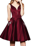 A Line V Neck Satin Beaded Homecoming Dresses with Pockets