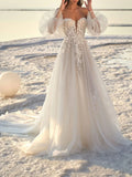 A Line Beaching Off-The-Shoulder Court Train Wedding Dress