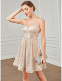 A-Line Homecoming Dresses Vintage Dress Homecoming Short / Mini Sleeveless V Neck Sequined with Glitter Sequin