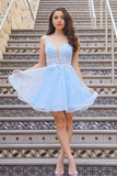 A-line Cute V Neck Light Blue Lace Floral Short Prom Homecoming Dresses