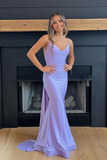 Mermaid V Neck Simple Lavender Satin evening gowns Long Prom Dress