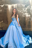 A Line Pretty Beaded Light Blue Satin evening gowns Prom Dress with Bow