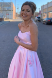 A Line Floor Length Satin Pink Prom Dress With Pockets