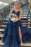 A Line V Neck Ruffle Tiered Tulle evening gowns Prom Dress with Slit