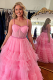 A Line Cute Sweetheart Ruffle Tiered Tulle evening gowns Prom Dress with Beading