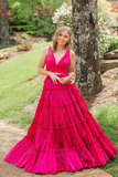 Two Piece Pretty V Neck Pink Satin evening gowns Long Prom Dress