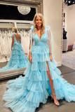 A Line Cute V Neck Tulle Blue Long Prom Dress with Slit