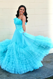 A-line Cute Strapless Blue Ruffle Tiered Tulle Long evening gowns Prom Dress