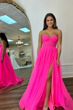 A Line Cute Sweetheart Hot Pink Tulle Long Prom Dress with Slit