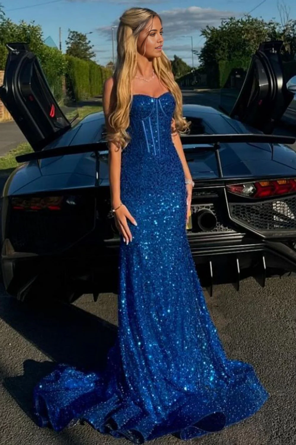 Mermaid Shiny Spaghetti Straps Long Beaded Light Blue Prom Dress – BL Dress