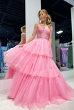 A Line Cute Sweetheart Tiered Tulle Pink Evening Dresses Prom Dress