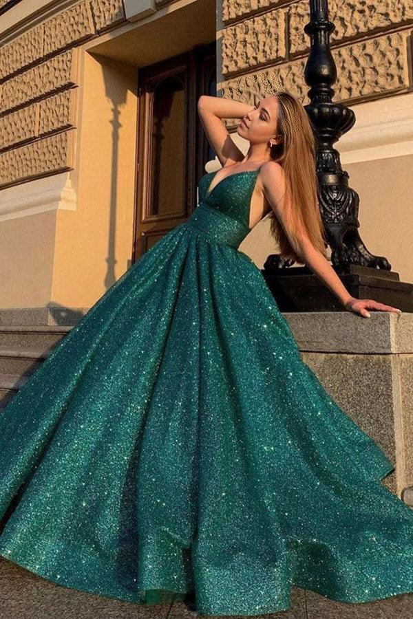 Aline Shiny V Neck Green Prom Dresses Ball Gown Formal Dresses BL Dress