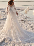 A Line Beaching Off-The-Shoulder Court Train Wedding Dress