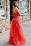 A-Line Cute Strapless Coral Ruffle Tulle Long evening gowns Prom Dress with Appliques