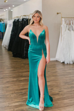 Mermaid Charming Green Velvet Long Prom Dresses with Slit