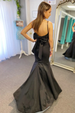 Mermaid Black Surplice Pleated Straps Long Prom Dress Evening Dress with Bow