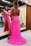 Mermaid V Neck Pink Sequins Lace Long evening gowns Prom Dress with Slit