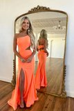 Mermaid One Shoulder Satin Orange Long evening gowns Prom Dress with Slit