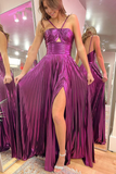 A Line Cute Straps Cutout Purple Sparkly Satin Prom Dress with Slit