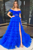 A-line Off the Shoulder Blue Ruffle Tulle evening gowns Long Prom Dress with Slit