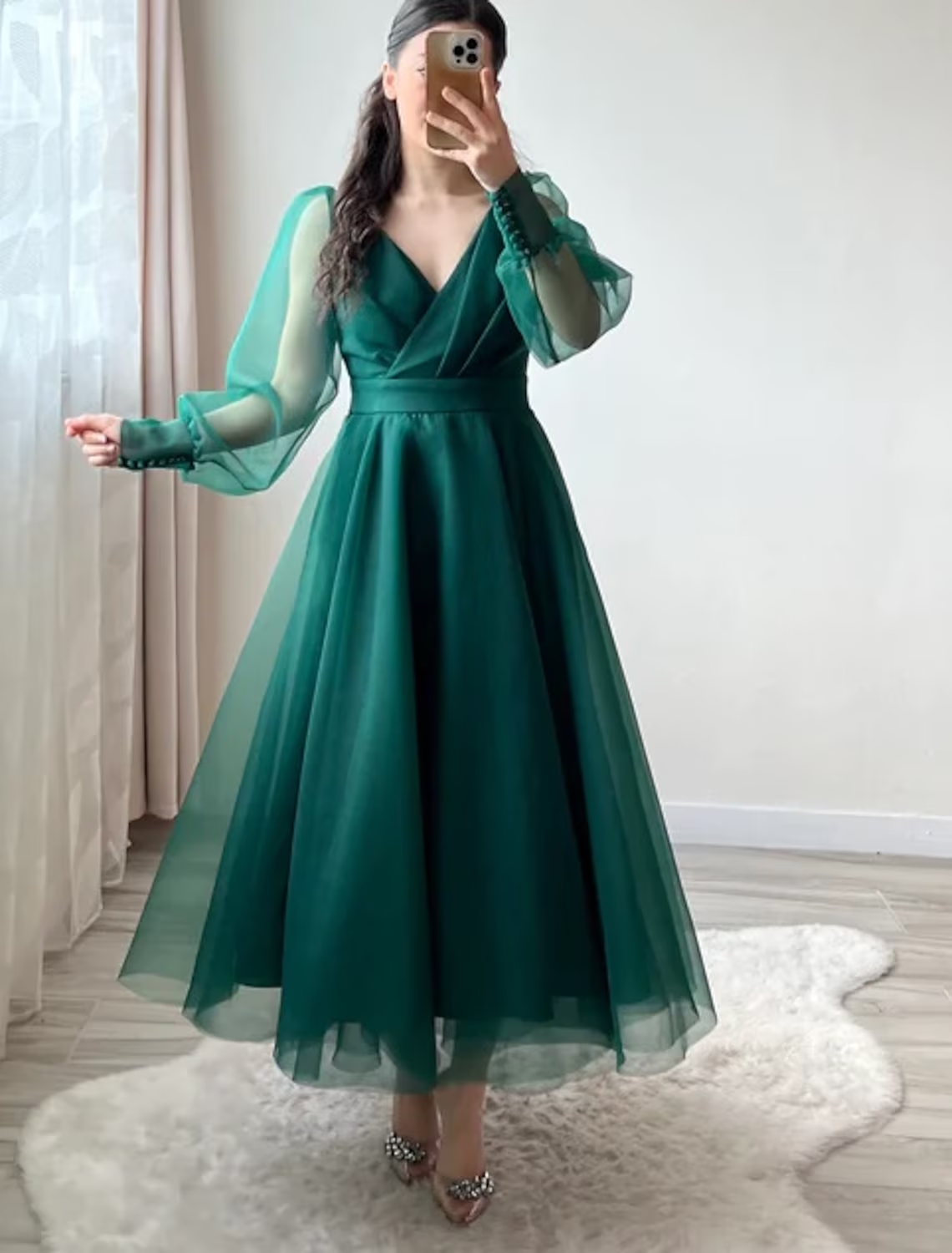  vbnergoie Womens Long Sleeve Button Up Elegant Solid Color  Single Breasted Casual Loose Long Petite Tea Length Dress Green : ביגוד,  נעליים ותכשיטים