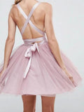 A-line V Neck Short Tulle Prom Dresses Formal Graduation Homecoming Dresses