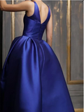 A-line Asymmetrical Ankle Length Satin Prom Gown V Neck Evening Dress