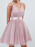 A-line V Neck Short Tulle Prom Dresses Formal Graduation Homecoming Dresses