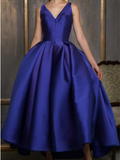 A-line Asymmetrical Ankle Length Satin Prom Gown V Neck Evening Dress