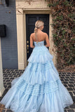 A-Line Cute Strapless Blue Ruffle Tiered Tulle Long evening gowns Prom Dress