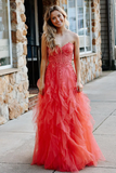 A-Line Cute Strapless Coral Ruffle Tulle Long evening gowns Prom Dress with Appliques