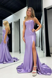 Mermaid Simple Spaghetti Straps Lilac Satin evening gowns Prom Dress with Slit