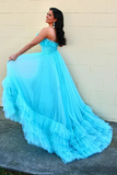 A-line Cute Strapless Blue Ruffle Tiered Tulle Long evening gowns Prom Dress