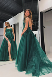 A Line Spaghetti Straps Green Tulle evening gowns Prom Dress with Appliques