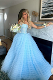 A Line Gorgeous Sweetheart Ruffle Tiered Tulle evening gowns Prom Dress