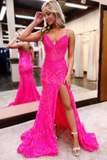 Mermaid Cute V Neck Hot Pink Sequins evening gowns Long Prom Dress with Slit