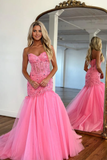 Mermaid Cute Sweetheart Hot Pink Tulle Prom Dresses with Lace