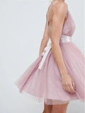 A-line V Neck Short Tulle Prom Dresses Formal Graduation Homecoming Dresses