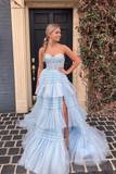 A-Line Cute Strapless Blue Ruffle Tiered Tulle Long evening gowns Prom Dress