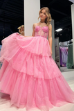 A Line Cute Sweetheart Tiered Tulle Pink Evening Dresses Prom Dress